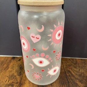 GLOW IN THE DARK PINK EVIL EYE GLASS TUMBLER 16oz